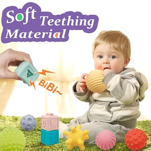 Montessori Toys for Babies,Soft Stacking Building Blocks Rings Balls Sets,3 in 1 Baby Toy Bundle,Sensory Toy for 6-12 Months, Soft Teething Toys,Baby Easter Basket Birthday Gifts for Boy Girl thumbnail 5