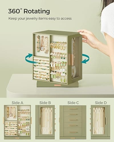 SONGMICS Jewelry Box 360° Rotating, Jewelry Storage Case with 5 Drawers, Jewelry Organizer, Glass Window, Spacious, Vertical Jewelry Storage, Open Design, Great Gift, Laurel Green UJBC170C02 thumbnail 4