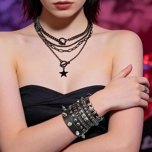 Fscwlmon 5 Pcs Layered Star Grunge Emo Studded Bracelets Goth Necklace Set for Women Men Y2K Star Guitar Gothic Choker Punk Rock Spiked Leather Bracelets 80s Emo Accessories Y2K Goth Jewelry Gifts thumbnail 4