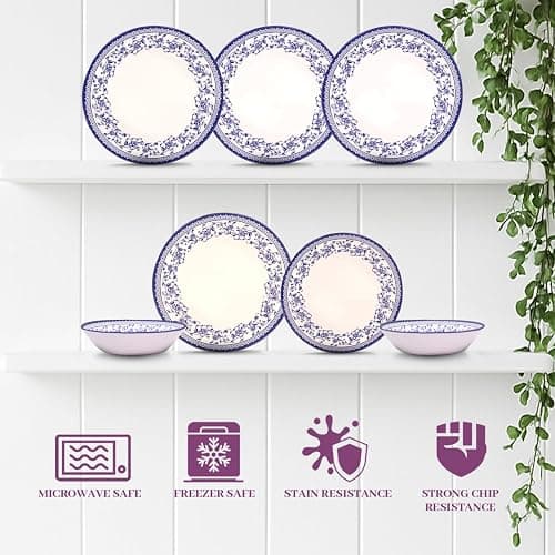 Tudor Royal 12-Piece Round Porcelain Dinnerware Set, Service for 4 - Aster BlueDesign, Multicolor Floral, Plates Bowls Mugs Dishes, Premium Quality Tableware, Unique Pattern, Glossy thumbnail 6