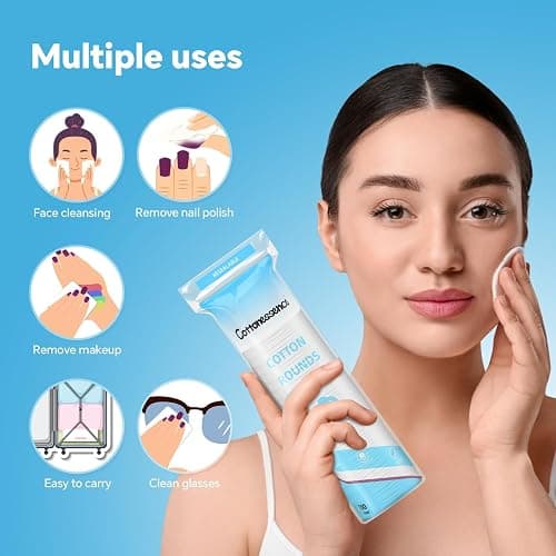 Cotton Rounds for Facial Cleansing and Nail Polish Removal (300count) - 100 Count, Pack of 3,100% Pure Cotton, Hypoallergenic Makeup Remover Pads, Lint-Free Multi-Layer Design thumbnail 7