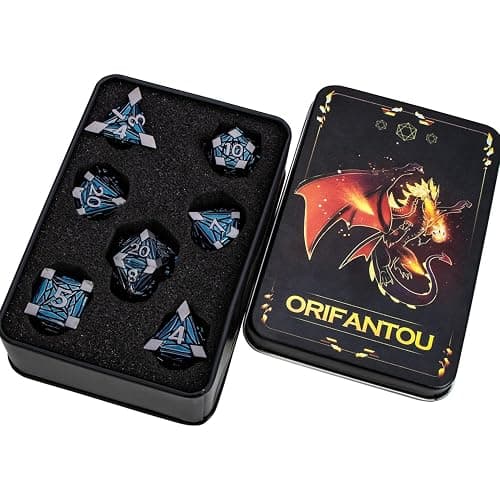 ORIFANTOU 7PCS Metal DND Dice Set with Box, Debris RPG Black Blue D and D Dice for use with D&D Tabletop Games Role Playing Game Polyhedral Dice Set D20 D12 D10 D8 D6 D4 thumbnail 6
