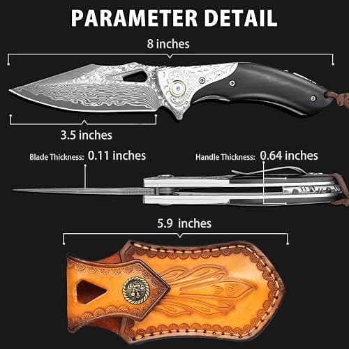 NedFoss GRIFFIN Damascus Pocket Knife for Men, 3.5" Handmade Forged VG10 Damascus Steel Blade Folding Knife with Retro Leather Sheath, Sandalwood Handle, Pocket Clip, Excellent Gifts for Men thumbnail 2