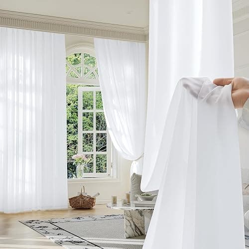 FMFUNCTEX Sheer Non-See-Through White Curtains for Bedroom, Faux Silk that Let Light Curtains 84 inches Long Light Filtering Privacy Sheer Window Drapes for Living Room, Rod Pocket 2 Panels Set thumbnail 6