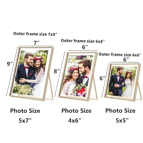 Gold Floating Picture Frames Set of 3, Metal Geometric Photo Frame with Glass Cover Includes(5x7'',4x6'', 5x5''),Tabletop Floating Picture Frames for Home Wedding Decoration,Gift for Christmas,Wedding thumbnail 3
