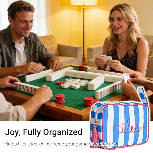 Mahjong Tile Bag with Handle - Stylish Blue & White Striped Case for 166 American Tiles (1.2"), Embroidered Design with Plush Interior & Tassel Zipper, Travel Organizer (Bag Only, Tiles Not Included) thumbnail 6