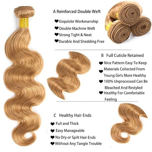 #27 Honey Blonde Bundles Human Hair Body Wave Bundles 22 22 22 Inch Blonde Body Wave Human Hair Extensions Double Weft Unprocessed Brazilian Virgin Hair 3 Bundle 50 Grams Per Bundle For Woman thumbnail 3