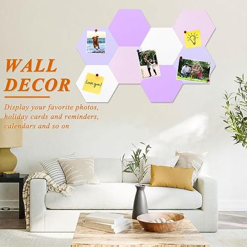 HULAVO 8 Pcs Hexagon Felt Cork Bulletin Board Tiles, Self Adhesive DIY Bulletin Board Pin Board for Office School Home Wall Decor Memos Photos Display(Purple & Pink) thumbnail 7