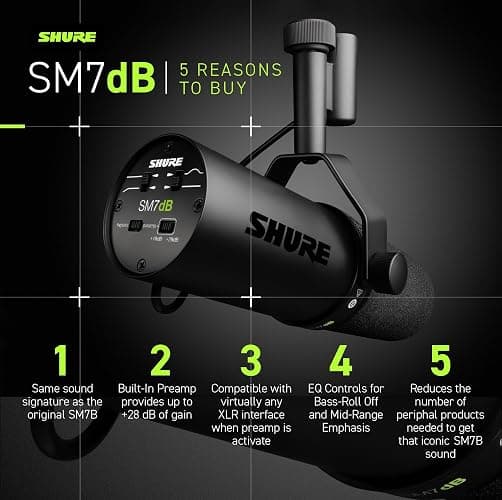 Shure SM7dB Dynamic Vocal Microphone with Built-in Preamp – Studio Mic for Streaming, Podcasting, and Recording – Smooth Sound, Wide Frequency Range, Rugged Build, Windscreen Included, Black thumbnail 4