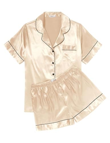 Ekouaer Womens Silk Satin Pajama Sets Soft Short Sleeve Button Down Sleepwear Top and Shorts 2 Piece Pjs Lounge Set S-XXL - Image 1