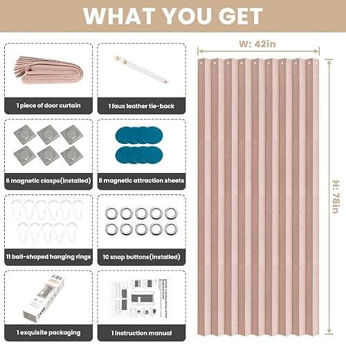 Jilron 100% Blackout Fabric Folding Door Curtain with Magnetic Closure - Accordion Style for Sliding Doors, Closets,Wardrobe and Temporary Door Solutions Doorway Curtains（W42 x L78, Pink，1 Panel） thumbnail 2