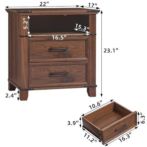 Senfarime 22" Nightstand, 2PCS Farmhouse Nightstand with 2 Drawers,Industrial Bedside Table with Open Shelf for Bedroom Living Room,Office Bed Side Tables Couch End Table,Brown thumbnail 3