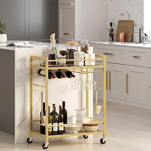 TUTOTAK Bar Cart, Serving Cart for Home, Drink Cart, Mobile Kitchen Shelf with Wine Rack and Glass Holder, Rolling Beverage Cart, Gold BC01BB031 thumbnail 6