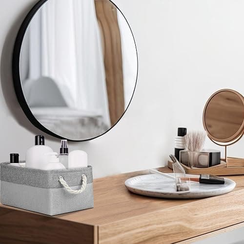 Small Storage Boxes for Shelves, Foldable Small Toy Storage Box with Handles, Canvas Storage Baskets for Socks Towels DVDs Books Makeup and Bathroom Toiletries(31x21x16cm/1 Pack, Grey&Light Grey) thumbnail 5
