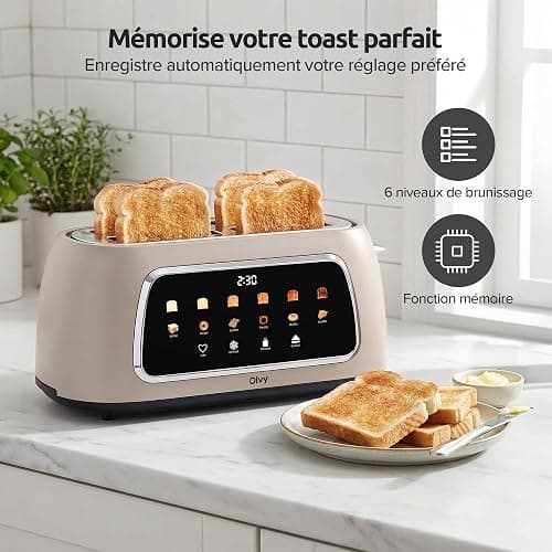 Olvy Grille Pain Electrique Ecran LCD Minuteur | 1 Appareil | Beige 4 Fentes 1500W Decongelation | Petit Dejeuner Familial | Toaster Fentes Larges Ramasse Miettes thumbnail 6