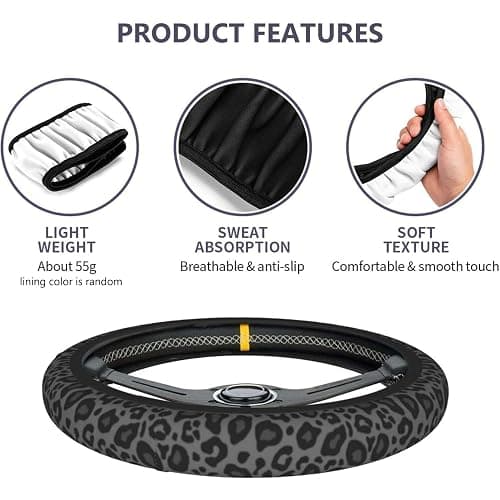 Black Leopard Print Cheetah Elastic Steering Wheel Cover, Non-Slip Neoprene Steering Wheel Cover, Women Leopard Car Accessories, Universal 15 Inch Fit Auto, SUVS, Includes 2 Ceramic Cup Coasters thumbnail 3