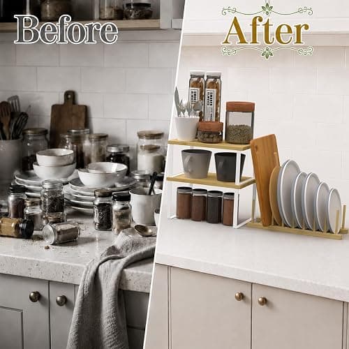 Plate Organizer for Cabinet - 4 Pcs Stackable Plate and Bowl Organizer Set with 2 Cabinet Shelves and 16-Slot Dish Rack for Plates, Bowls, Cups and Pot Lids | Reinforced structure, high load-bearing, deformation resistant, fast draining, space saving, multi-scene use, quick assembly thumbnail 4