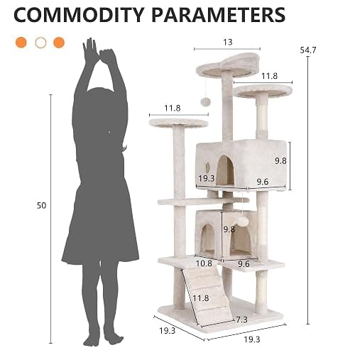 BestPet | 54" Cat Tree Tower | Beige | Sturdy, Easy to Assemble, Multi-Level Activity Center with Sisal Scratching Posts, Condos, Perches, Hanging Cat Toys, Observation Decks & Ladder thumbnail 7