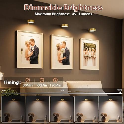 Bawoo 3Pcs Picture Lights for Wall RGB Magnetic Rechargeable Wall Lights,Wireless Battery Operated Art Lights for Paintings,Remote, Dimmable, Timer,Stick On Display Lamp,Poster Light,Puck Light,Gold thumbnail 6