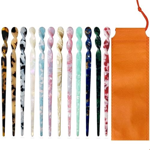 12 Pieces Acetate Hair Sticks Tortoise Shell Hairpin Leopard Shell Hair Pins Chinese Hair Sticks for buns Hair Styling Accessories Hair Chopsticks for Women Girls,12 Style Not Repeating Pattern - Image 1