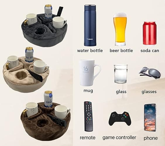 Xchouxer Couch and Bed Cup Holder Pillow, Sofa Organizer Caddy for Drinks, Remotes, Phones, Snacks (Beige) thumbnail 4