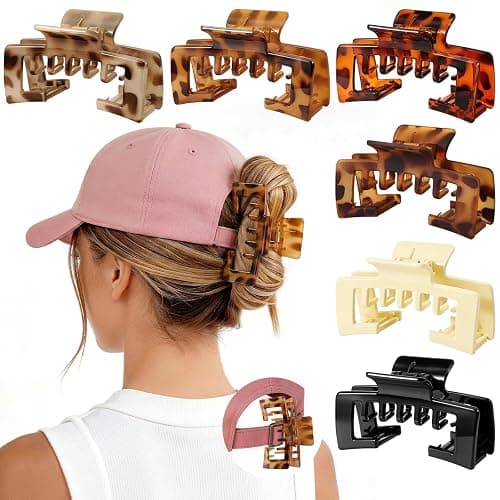 6 Pcs Hat Claw Clip for Women, Hat-Friendly Claw Clips for Baseball Cap & Trucker Hat - 4.1 Inch Large Tortoise Hat Claw Clip for Medium/Thick Hair, Non-Slip Baseball Hair Clips for Hats Hairstyle - Image 1