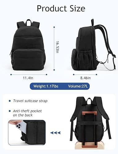 Uselike Travel Backpack for Women, 15.6 Inch Laptop Backpack, Quilted College Bookbag, Cute Work Backpacks, Water Resistant (Black) thumbnail 4