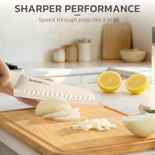 Astercook Knife Set, 15 Pieces Kitchen Knife Set with Sharpener Block, German Stainless Steel Knives Set with Anti-Rust Coating, Dishwasher Safe Elegant Cream White Knife Block Sets, Valentine's Gift thumbnail 4