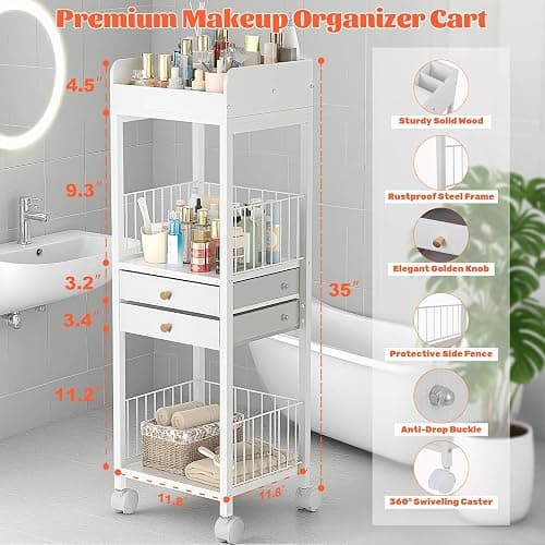 Rolling Makeup Cart Organizer, Floor Skincare Make Up Storage, Vanity Organizer with 2 Non-woven Fabric Drawers, Cosmetic Display Holder for Skin Care, Perfume, Nail Polish, Makeup Brush, Hair Tool thumbnail 2