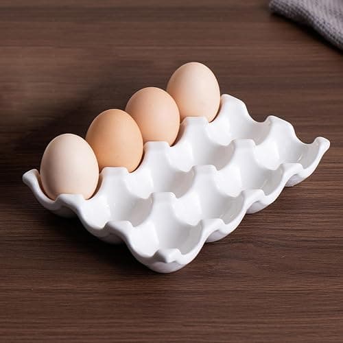 Porte-œufs en céramique, 12 tasses plateaux d'oeufs en céramique résistants à la chaleur, plateau de rangement décoratif facile à nettoyer pour le réfrigérateur de cuisine comptoir thumbnail 2