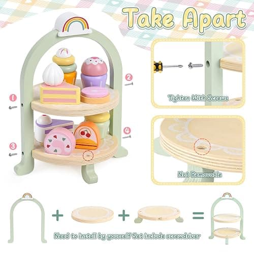 Lonico Wooden Tea Party Set for Little Girls Toddler Tea Set with Cupcake Stand & Food Dessert, Play Kitchen Accessories for Toddlers 2 3 4 5 6 Years Old, Wooden Toys Birthday Kids Girls Gifts 3-6 thumbnail 5