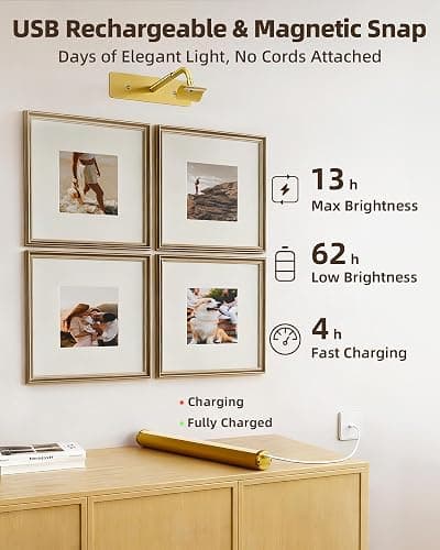 EZVALO Picture Light for Wall, 13in Wireless Rechargeable 4000mAh LED Art Light with Remote, Dimmable 3 Color Temps, Battery Operated Wall Light for Living Room, Bedroom, Gallery (Gold, 2 Pack Set) thumbnail 3
