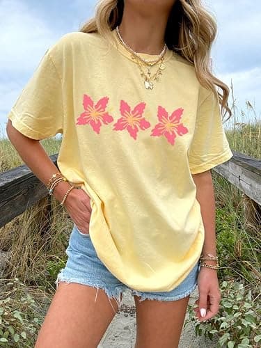 Oversized Graphic Shirt for Teens Girl Y2K Ocean Floral Short Sleeve Baggy Tee Shirts Vintage Aesthetic Coastal Tops thumbnail 3