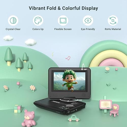 9.5" Portable DVD Player for Kids and Car with 7.5" Swivel Screen, | 4-6 Hours Rechargeable Battery, Car DVD Player with Dual Speakers, Remote Control, Support Sync TV, Region Free USB/SD/AV thumbnail 2
