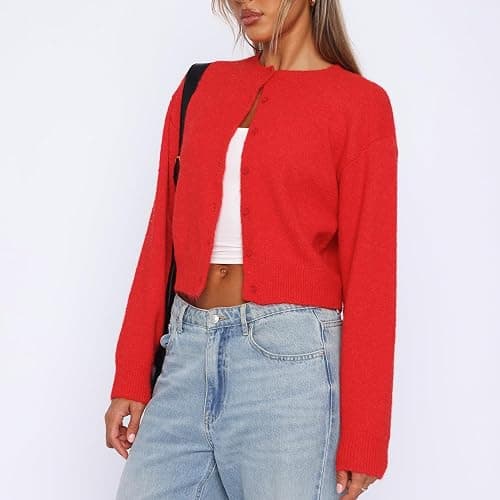 Women Y2K Button Front Crop Sweater Cardigan Solid Color Crew Neck Long Sleeve Knit Fall Tops Streetwear thumbnail 2