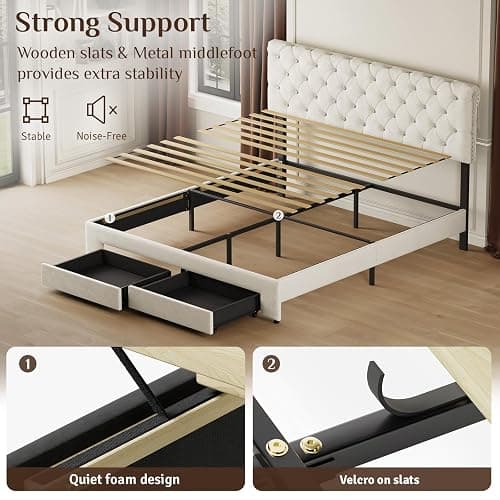 Belffin Full Bed Frame with Storage Drawer and Diamond Adjustable Tall Headboard, Modern Velvet Platform Bed Frame with Wingback Design, No Box Spring Needed, Easy Assembly, White thumbnail 9