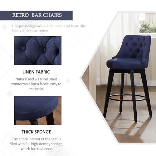 Virabit Swivel Bar Stools Set of 4, Linen Counter Height Bar Stool with Back, Upholstered Bar Stools for Kitchen Island, Dining, Cafe, Pub (Navy Blue) - Set of 4 - Blue thumbnail 3
