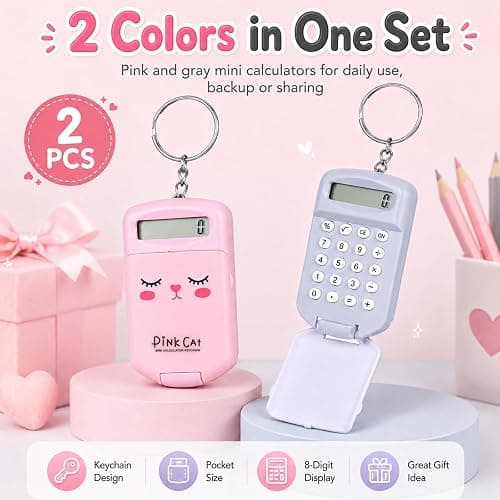 NUOBESTY 2Pcs Mini Calculator Keychain, Pocket Size 8-Digit Flip Cover with Key Ring Cute Small Calculator Students Backpacks Pencil Cases Supplies for School Office Home (Pink & Gray) thumbnail 6