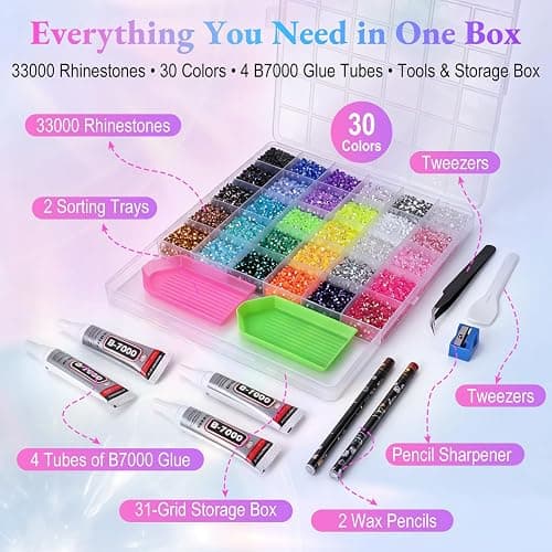 33000 Pcs 30 Colors Jelly Rhinestones for Bedazzling, 3mm Flatback Resin Rhinestones Kit, All-in-One Bedazzler Kit with 4 Pcs B7000 Jewelry Glue & Tools for DIY Crafts, Clothing, Nail Art, Gifts thumbnail 2