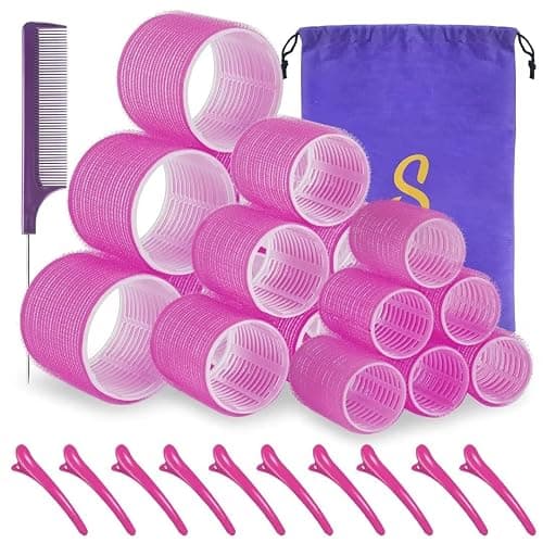 Self grip hair roller set,18 pcs,Hair rollers with hair roller clips and comb,Salon hairdressing curlers,DIY Hair Styles, Sungenol 3 Sizes Rose red Hair Rollers in 1 set - Image 1