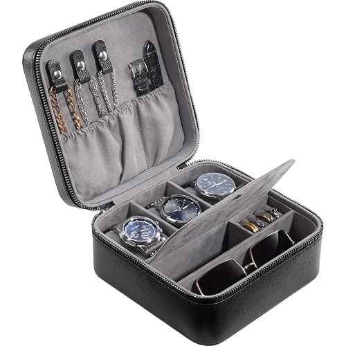 ProCase Travel Watch Case, 3 Slots Mens Jewelry Box -Black | PU Leather Storage Case for Watches, Cufflinks and Accessories, Zippered Carrying Organizer Bag for Man - Image 1