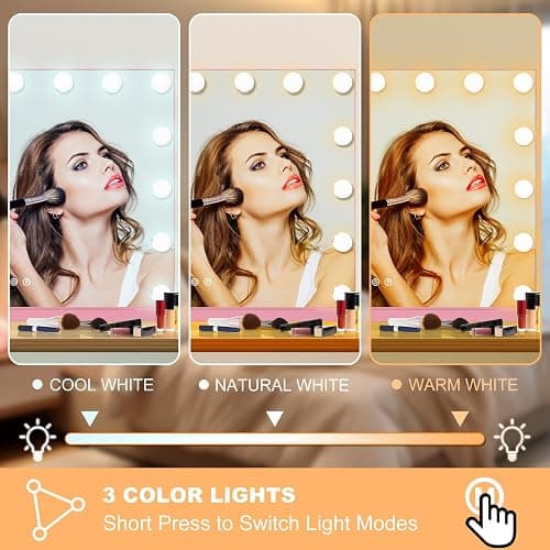 Moonee Vanity Mirror with Lights, Pink Hollywood Lighted Makeup Mirror with 15 Dimmable Bulbs and 10X Magnification, 3 Colors Modes, Aluminum Metal Frame, Light Up Mirror for Tabletop/Wall（23" x 18"） thumbnail 3