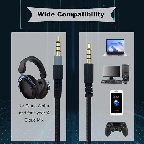 SPTSSWET Replacement Audio Cable Cord Compatible with Kingston Hyperx Cloud Alpha for Hyper X Cloud Mix,for Logitech G933,G633 Gaming Headsets Headphones Nylon Braided Audio Cable 3.5mm,Black,5FT thumbnail 2