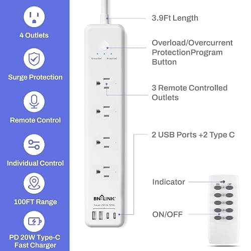 BN-LINK Remote Control Power Strip with 4 Independent Outlets, 4 USBs | 20W USB-C, 3.9Ft Extension Cord, 15A/1875W Overload, Protection for Home Office thumbnail 2