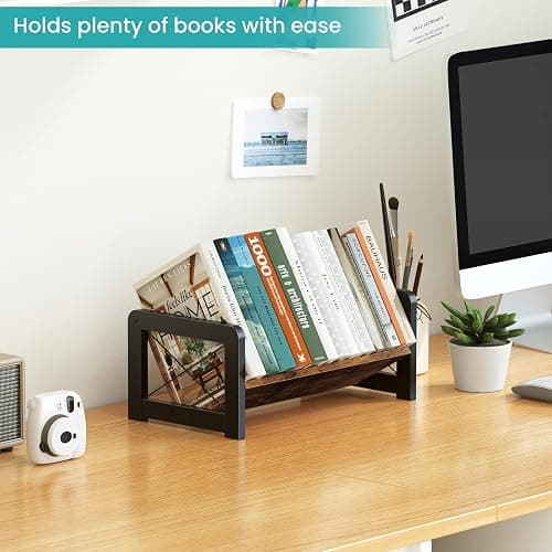 ELITEROO Desktop Bookshelf Organizer, Wood Slanted Desk Bookshelf, Small Tabletop Book Rack, Portable Mini Bookcase for Book Display, Cookbooks, Kids Reading, Office & Home Storage, Rustic Brown thumbnail 4