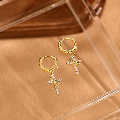 Robaice Gold Crown Cross Earrings for Women - 14K Gold Plated Huggie Hoop Earrings with CZ Diamond Cross Charm Dangle, Religious Christian Jewelry Gifts for Her thumbnail 7