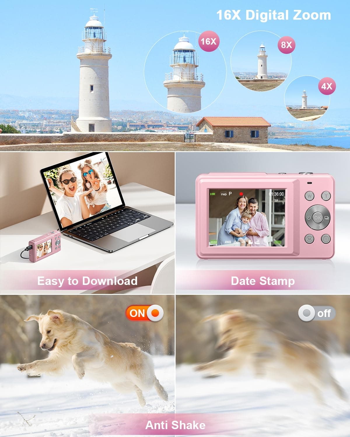 Digital Camera, Camkory FHD 1080P Point and Shoot Digital Camera 44MP Kids Camera 16X Digital Zoom, Anti Shake Small Travel Camera with 32GB SD Card, Two Batteries (Light Pink) thumbnail 5