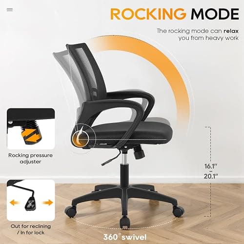 BestOffice | Ergonomic Office Chair | Mid-Back Swivel Desk Chair | Breathable Backrest & Lumbar Support | Adjustable Height | Sponge Seat | Rolling Wheels | Dark Black | for Adults & Women thumbnail 4