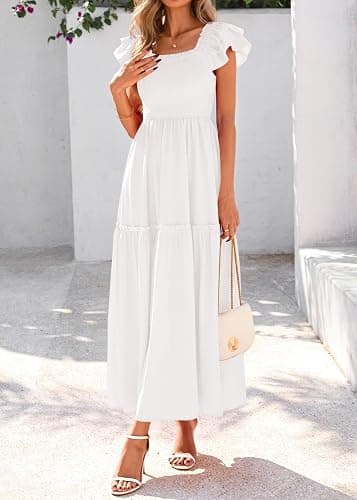 KIRUNDO Smocked Summer Dresses for Women 2026 Wedding Guest Midi Flowy Ruffle Short Sleeve Square Neck Tiered Sundress thumbnail 4