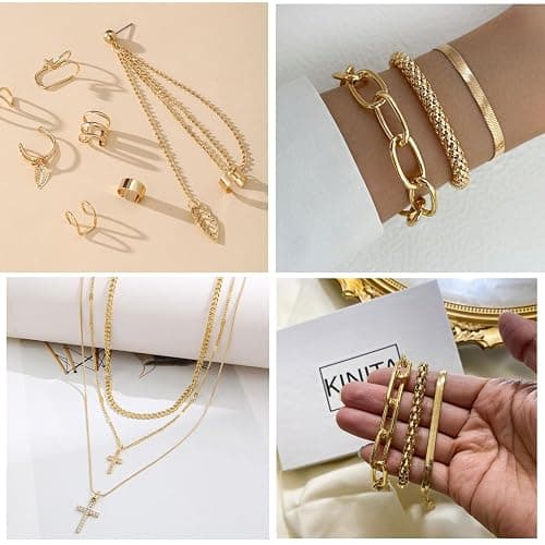 73 Pcs Gold Jewelry Set with 6Pcs Layered Necklace, 11 Pcs anklet and 7Pcs Earring Ear Cuff,12Hoop Earrings ,15pcs Rings,21pcs stud earrings Jewerly set for Women Pack for Friendship Party Gift thumbnail 5